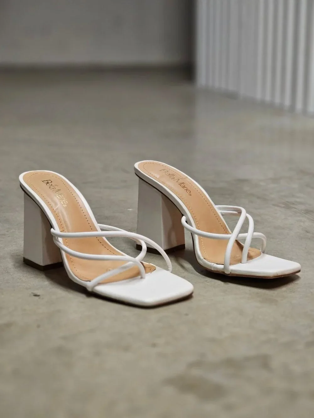 Womens White Strappy Block Heel Sandals With Square Toe Design